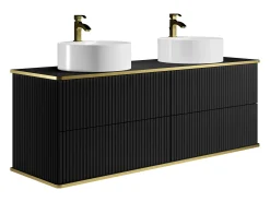 Móvel casa de banho estriado preto borda dourada, lavatório duplo de pousar 150 cm KELIZA