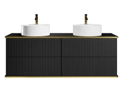 Móvel casa de banho estriado preto borda dourada, lavatório duplo de pousar 150 cm KELIZA