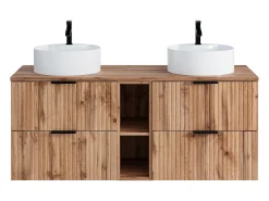 Móvel casa de banho estriado natural claro nichos e lavatório pousar redondo 140 cm ZEVARA