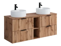 Móvel casa de banho estriado natural claro nichos e lavatório pousar redondo 140 cm ZEVARA