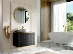 Móvel casa de banho estriado debruado dourado lavatório pousar redondo preto 80 cm KELIZA