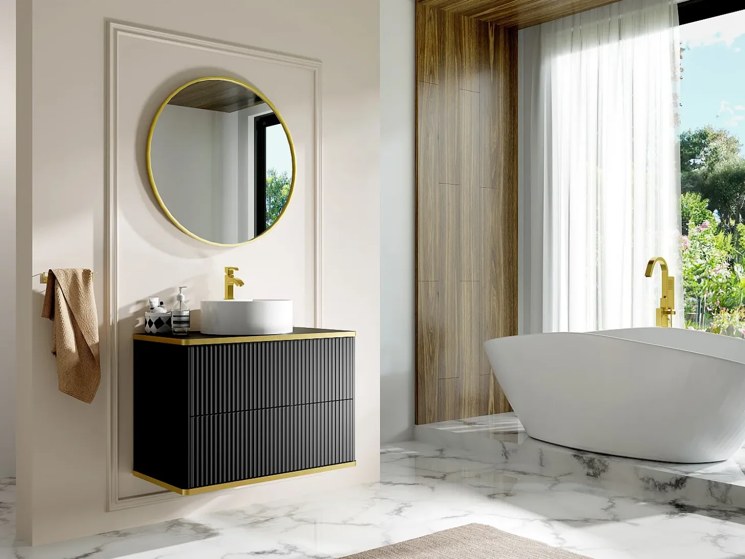 Móvel casa de banho estriado debruado dourado lavatório pousar redondo preto 80 cm KELIZA