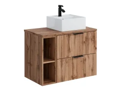 Móvel casa de banho estriado natural claro com nichos e lavatório de pousar 80 cm ZEVARA