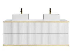 Móvel casa de banho estriado branco debruado dourado, lavatório duplo pousar 150 cm KELIZA