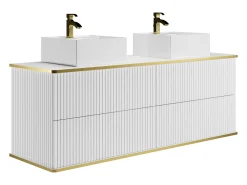 Móvel casa de banho estriado branco debruado dourado, lavatório duplo pousar 150 cm KELIZA
