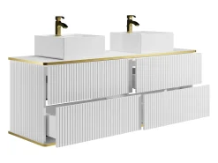 Móvel casa de banho estriado branco debruado dourado, lavatório duplo pousar 150 cm KELIZA
