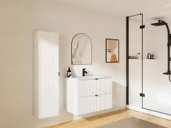 Móvel casa de banho suspenso estriado, lavatório de encastrar, coluna branco, 80 cm ZEVINI