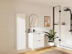 Móvel casa de banho suspenso estriado, lavatório de encastrar, coluna branco, 60 cm ZEVINI