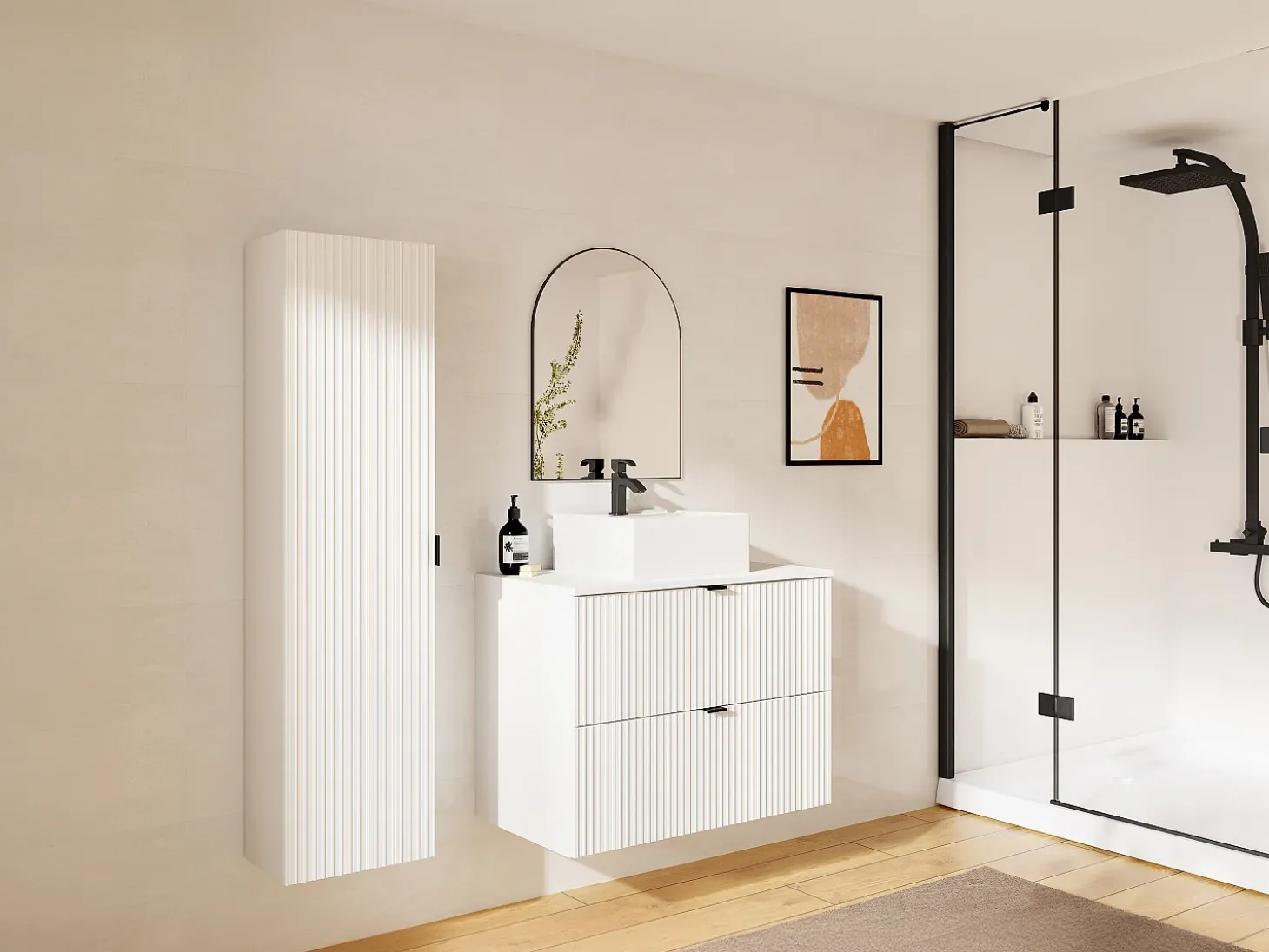 Móvel casa de banho suspenso estriado, lavatório de pousar, coluna, branco, 80 cm ZEVINI