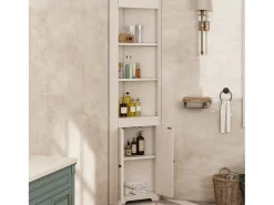 Móvel de banheiro 49,5×35×170 cm - 3 compartimentos abertos - 2 portas resistentes à umidade - prateleiras ajustáveis - branco