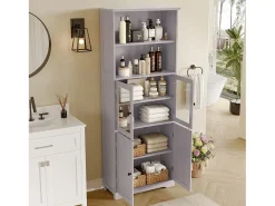 Móvel de banheiro 57,4×28,5×160 cm - 4 portas - 2 compartimentos abertos - prateleiras ajustáveis - cinza