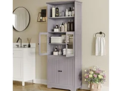 Móvel de banheiro 57,4×28,5×160 cm - 4 portas - 2 compartimentos abertos - prateleiras ajustáveis - cinza