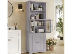 Móvel de banheiro 57,4×28,5×160 cm - 4 portas - 2 compartimentos abertos - prateleiras ajustáveis - cinza