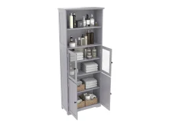 Móvel de banheiro 57,4×28,5×160 cm - 4 portas - 2 compartimentos abertos - prateleiras ajustáveis - cinza