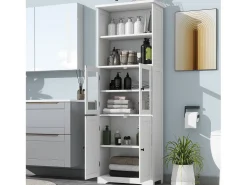Móvel de banheiro 57,4×28,5×160 cm - 4 portas - 2 compartimentos abertos - prateleiras ajustáveis - branco