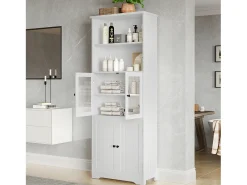 Móvel de banheiro 57,4×28,5×160 cm - 4 portas - 2 compartimentos abertos - prateleiras ajustáveis - branco