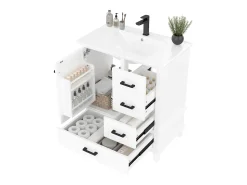 Móvel de banheiro com pés - com lavatório em cerâmica - 1 porta e 3 gavetas - Branco (torneira não incluída)