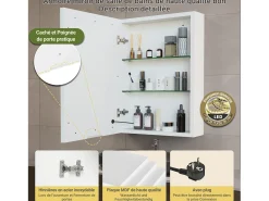 Móvel de banheiro de parede com espelho, LED, prateleira ajustável - 70x15x60 cm Branco
