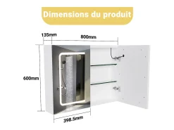 Móvel de banheiro espelhado LED com tomada e interruptor sensor - 80x13,5x60 cm