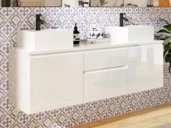 Móvel de banheiro suspenso com pia dupla, branco, 150 cm de largura, JIMENA