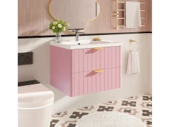 Móvel de banheiro suspenso - com lavatório de cerâmica - com 2 gavetas - Rosa​ (torneira não incluída)