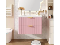 Móvel de banheiro suspenso - com lavatório de cerâmica - com 2 gavetas - Rosa​ (torneira não incluída)