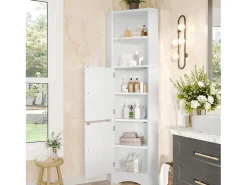 Móvel de banheiro triangular - 51,7 x 32 x 155,4 cm - com 2 espaços de armazenamento abertos + 2 portas de armário - MDF - branco
