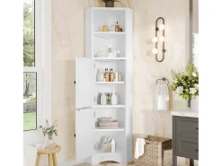 Móvel de banheiro triangular 51,7×32×155,4 cm - 2 compartimentos abertos - 2 portas - prateleiras ajustáveis - branco