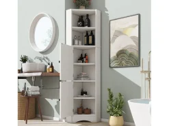 Móvel de banheiro triangular 51,7×32×155,4 cm - 2 compartimentos abertos - 2 portas - prateleiras ajustáveis - branco