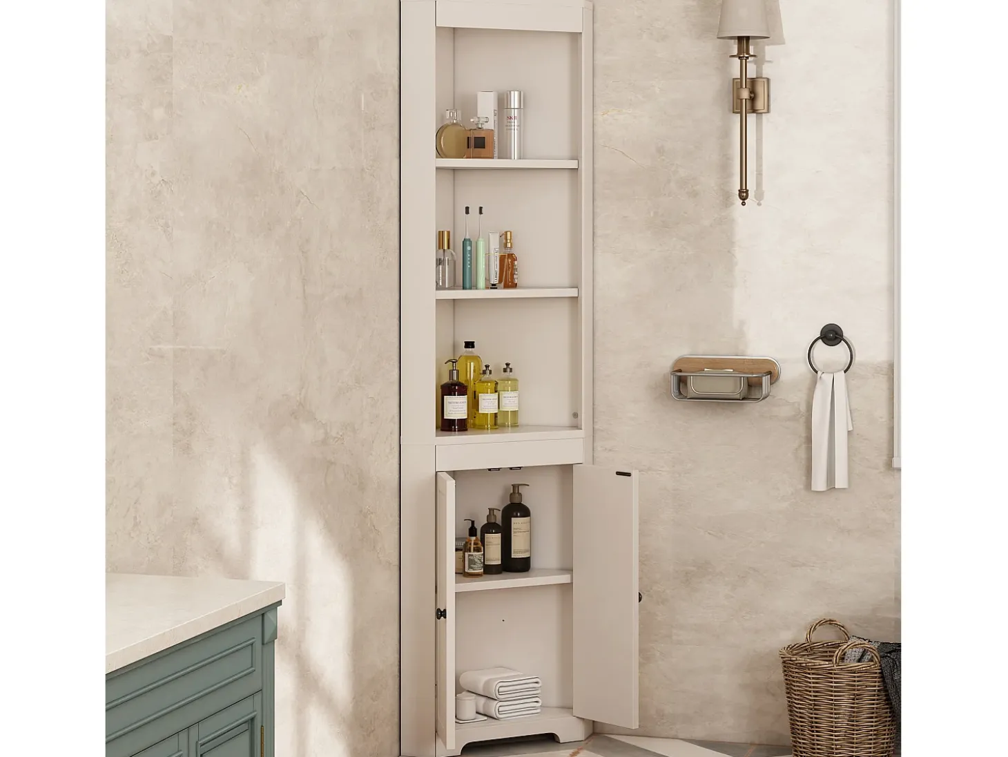 Móvel de banheiro triangular - 38 x 35 x 170 cm - com 3 espaços de armazenamento abertos + 2 portas - MDF - branco