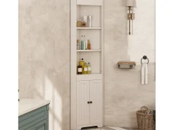 Móvel de banheiro triangular - 38 x 35 x 170 cm - com 3 espaços de armazenamento abertos + 2 portas - MDF - branco