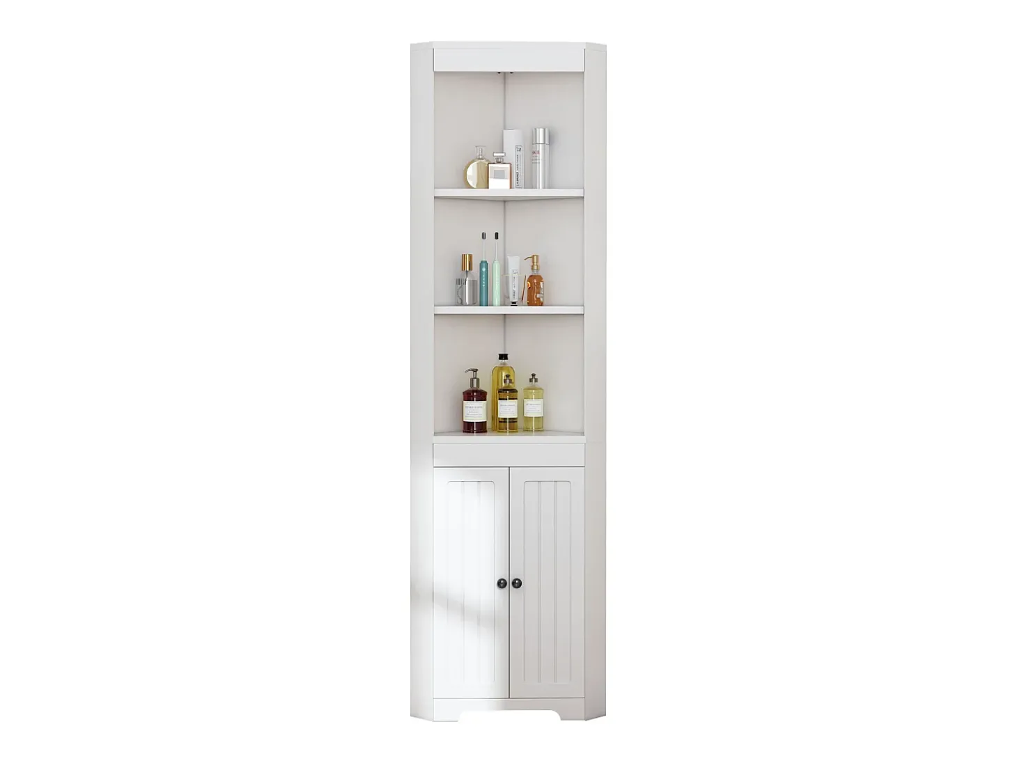 Móvel de banheiro triangular - 38 x 35 x 170 cm - com 3 espaços de armazenamento abertos + 2 portas - MDF - branco