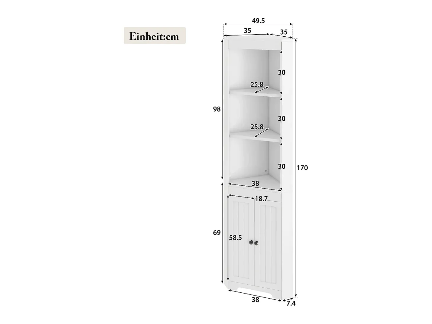Móvel de banheiro triangular - 38 x 35 x 170 cm - com 3 espaços de armazenamento abertos + 2 portas - MDF - branco