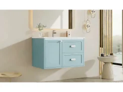 Móvel de banho suspenso 76x46x51 cm - con bacia de cerâmica - 2 gavetas e 1 porta - con LED - Azul