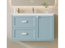 Móvel de banho suspenso 76x46x51 cm - con bacia de cerâmica - 2 gavetas e 1 porta - con LED - Azul