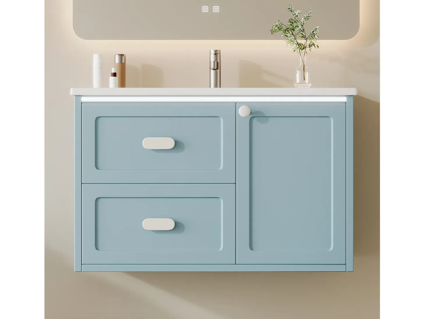 Móvel de banho suspenso 76x46x51 cm - con bacia de cerâmica - 2 gavetas e 1 porta - con LED - Azul