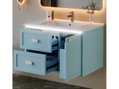 Móvel de banho suspenso 76x46x51 cm - con bacia de cerâmica - 2 gavetas e 1 porta - con LED - Azul