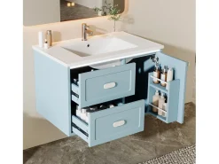 Móvel de banho suspenso 76x46x51 cm - con bacia de cerâmica - 2 gavetas e 1 porta - con LED - Azul
