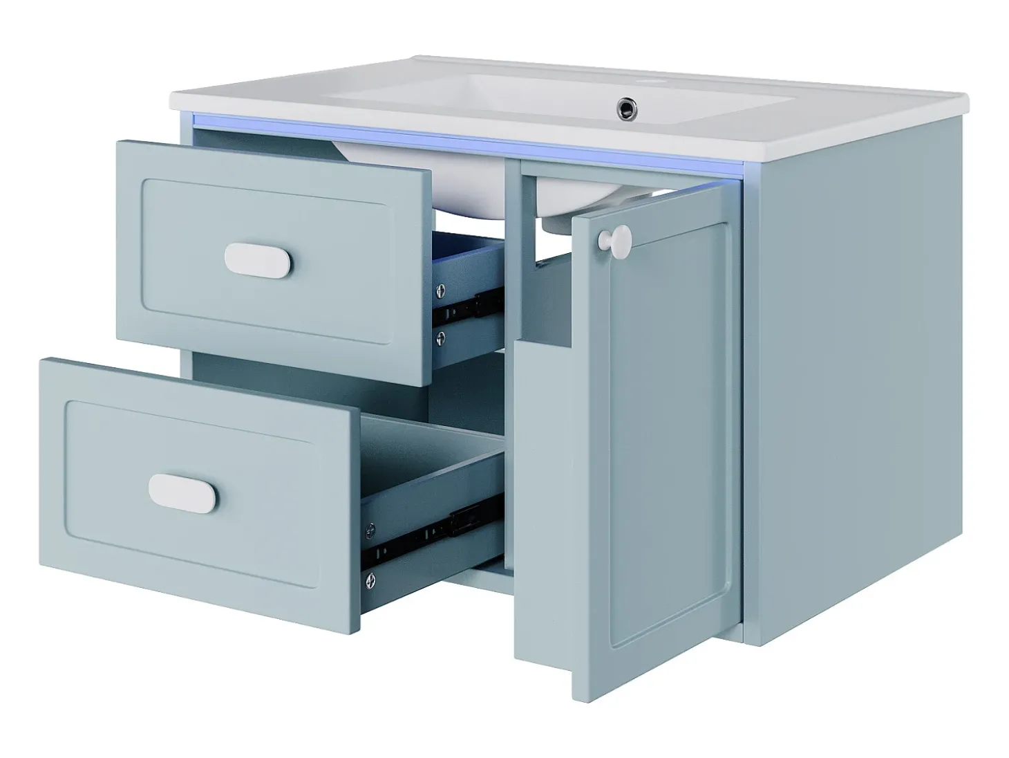 Móvel de banho suspenso 76x46x51 cm - con bacia de cerâmica - 2 gavetas e 1 porta - con LED - Azul