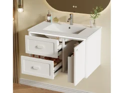Móvel de banho suspenso 76x46x51 cm - con bacia de cerâmica - 2 gavetas e 1 porta - con LED - Branco
