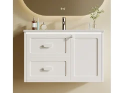 Móvel de banho suspenso 76x46x51 cm - con bacia de cerâmica - 2 gavetas e 1 porta - con LED - Branco