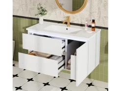 Móvel de banho suspenso 91x46,5x50,5 cm - con bacia de cerâmica - con iluminação LED - 2 gavetas e 1 porta - Branco