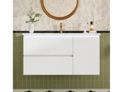 Móvel de banho suspenso 91x46,5x50,5 cm - con bacia de cerâmica - con iluminação LED - 2 gavetas e 1 porta - Branco