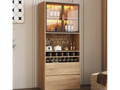 Móvel de bar - 80 x 40 x 180 cm - com 2 portas de vidro + LEDs + 2 gavetas - MDF - natural