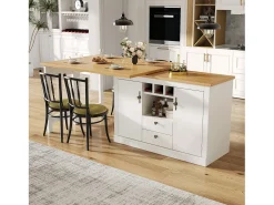 Móvel de bar de cozinha extensível - e rotação 360° - mesa grande - 180x79.5x71.5 cm - 2 gavetas e 2 portas - 3 adegas - Branco