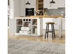 Móvel de bar de cozinha extensível - e rotação 360° - mesa grande - 180x79.5x71.5 cm - 2 gavetas e 2 portas - 3 adegas - Branco