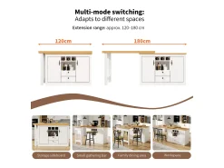 Móvel de bar de cozinha extensível - e rotação 360° - mesa grande - 180x79.5x71.5 cm - 2 gavetas e 2 portas - 3 adegas - Branco