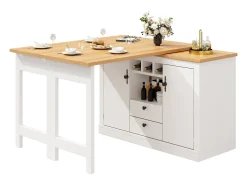 Móvel de bar de cozinha extensível - e rotação 360° - mesa grande - 180x79.5x71.5 cm - 2 gavetas e 2 portas - 3 adegas - Branco