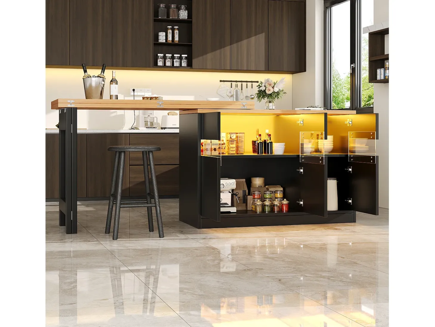 Móvel de bar de cozinha extensível - com iluminação LED - mesa grande - e rotação 360° - 180x79.5x71.5 cm - 3 portas - Preto