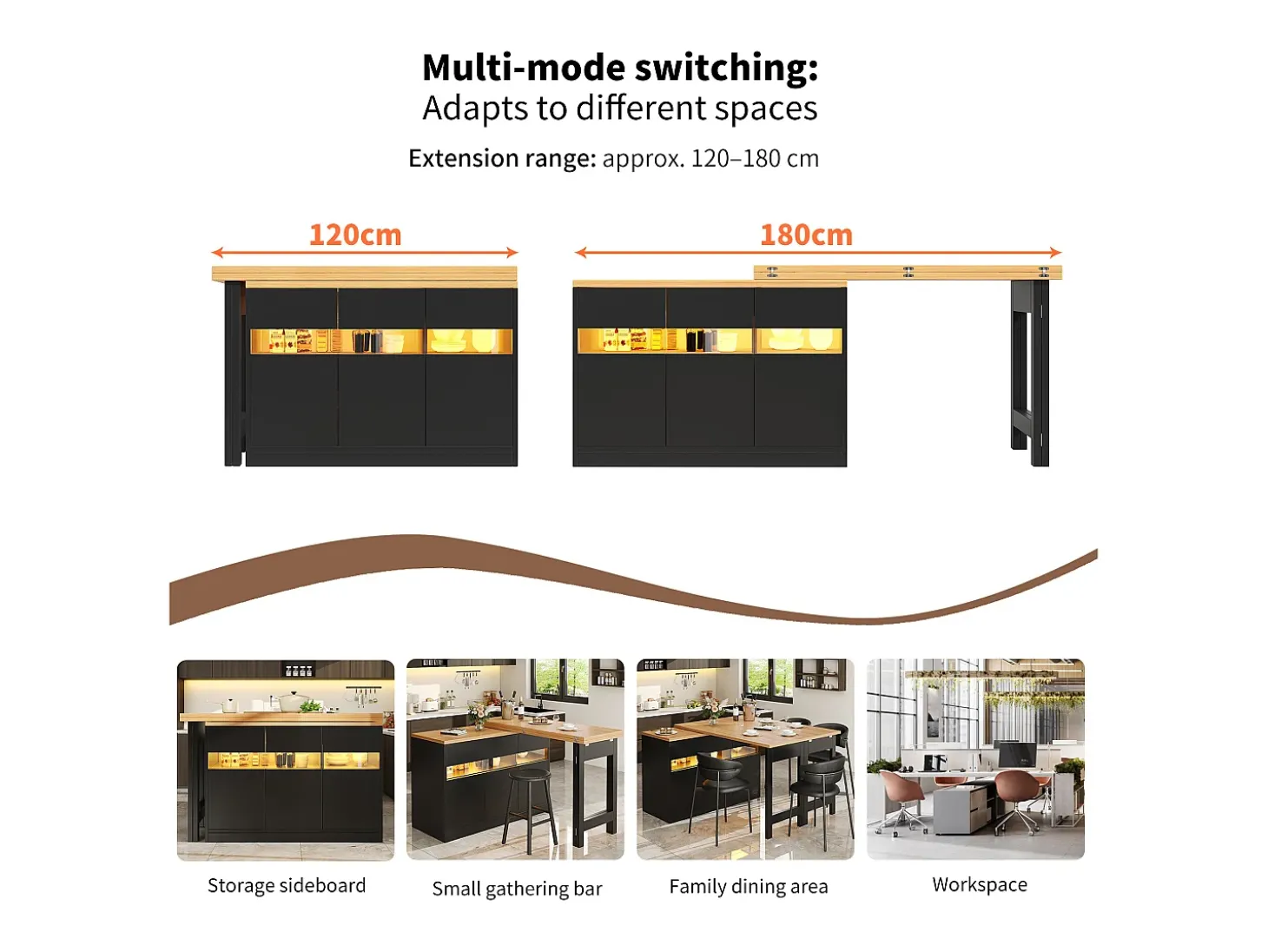 Móvel de bar de cozinha extensível - com iluminação LED - mesa grande - e rotação 360° - 180x79.5x71.5 cm - 3 portas - Preto